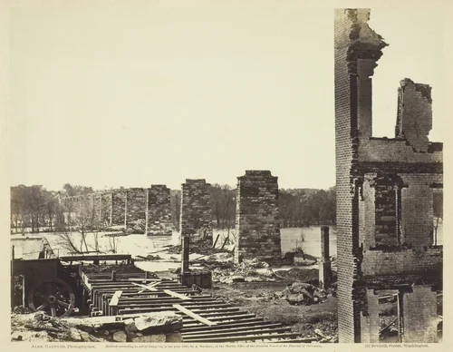 Ruins of Petersburg and Richard Raidroad Bridge by Alexander Gardner, photograph, 1864