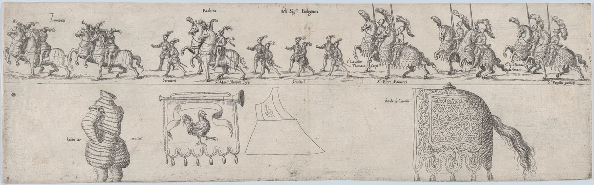 Plate depicting Signore Bolognesi, from a series of twelve showing knights and their attendants dressed for a tournament (plate 9) by anonymous, print, 1565