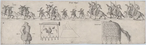 Plate depicting Signore Bolognesi, from a series of twelve showing knights and their attendants dressed for a tournament (plate 9) by anonymous, print, 1565