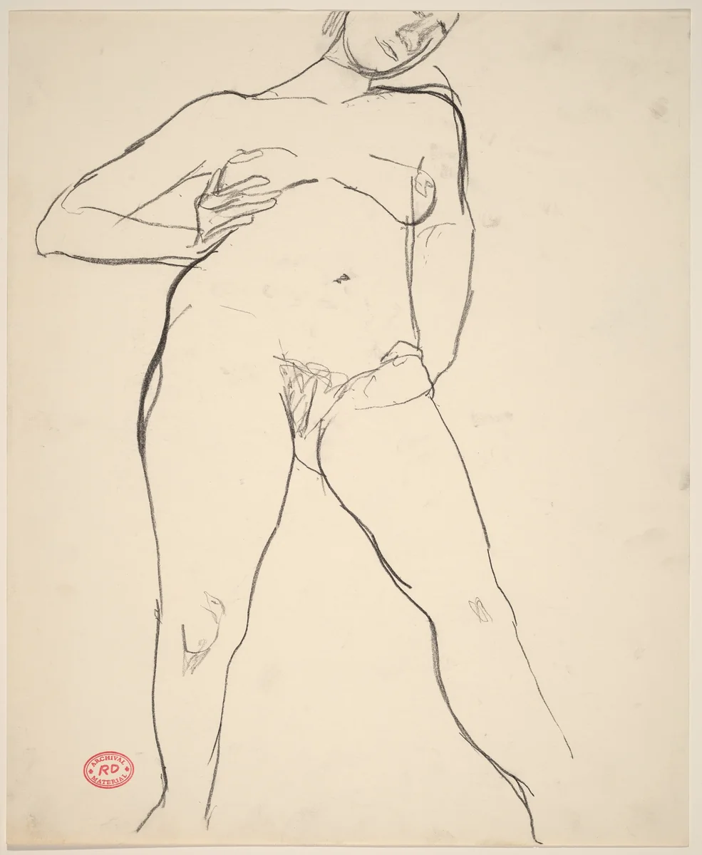 Untitled [standing nude with her right arm akimbo] by Richard Diebenkorn, drawing, 1955-1967