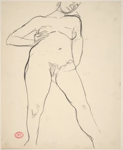Untitled [standing nude with her right arm akimbo] by Richard Diebenkorn, drawing, 1955-1967