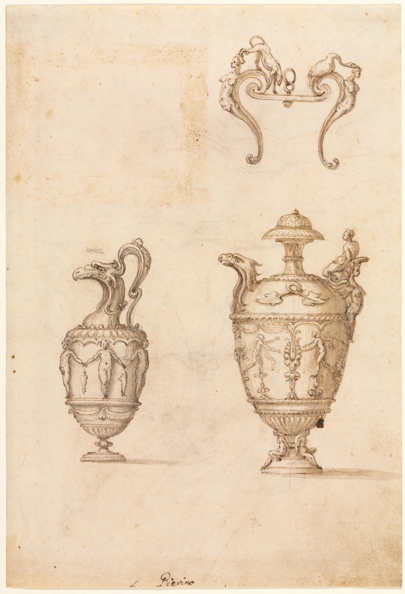 Design for Two Vases and an Ornament (recto) by Luzio Romano, drawing, 1530-1570
