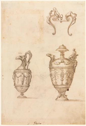 Design for Two Vases and an Ornament (recto) by Luzio Romano, drawing, 1530-1570