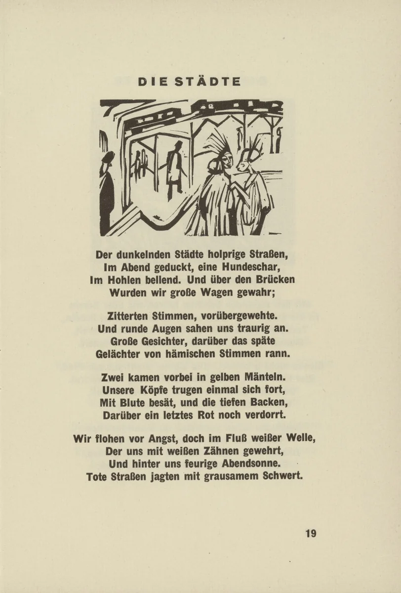 The Cities (Die Städte) (headpiece, page 19) from Umbra vitae (Shadow of Life) by Ernst Ludwig Kirchner, illustrated book, 1924