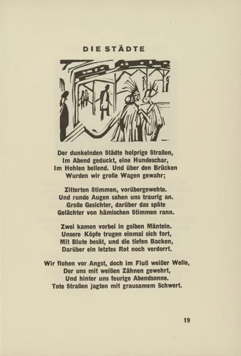The Cities (Die Städte) (headpiece, page 19) from Umbra vitae (Shadow of Life) by Ernst Ludwig Kirchner, illustrated book, 1924