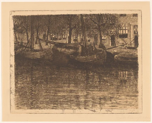 Gezicht op het Donkere Spaarne in Haarlem by Cornelia Christina Johanna van Trigt-Hoevenaar, print, 1864-1909