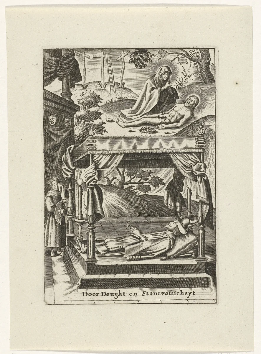 Maria bij het lichaam van Christus en een opgebaarde hoveling by Aegidius van Schoor, print, 1630