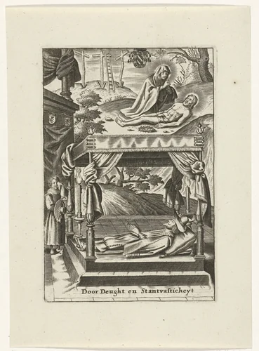 Maria bij het lichaam van Christus en een opgebaarde hoveling by Aegidius van Schoor, print, 1630