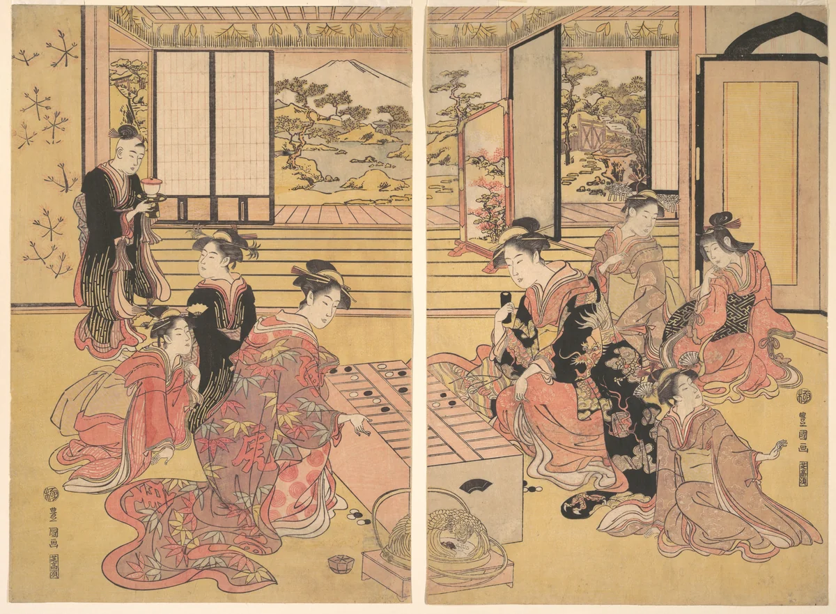 Two Young Women Playing a Game of Sugoroku by Utagawa Toyokuni, print, 1769-1825