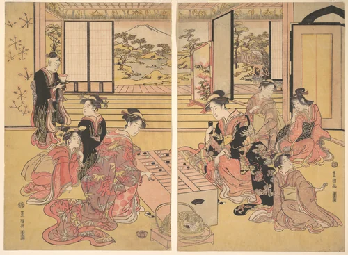 Two Young Women Playing a Game of Sugoroku by Utagawa Toyokuni, print, 1769-1825
