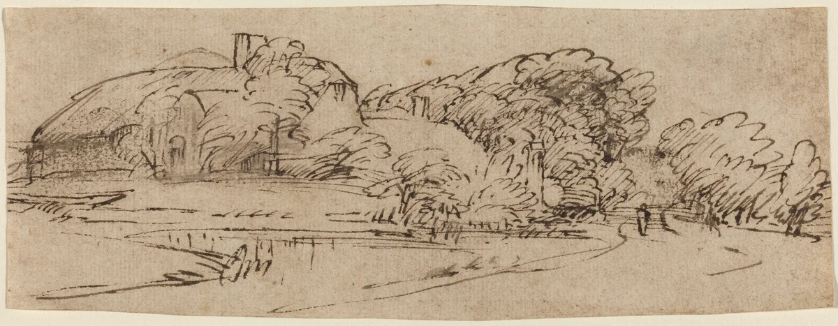 A Landscape with Farm Buildings among Trees by Rembrandt van Rijn, drawing, 1650-1655