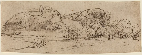 A Landscape with Farm Buildings among Trees by Rembrandt van Rijn, drawing, 1650-1655