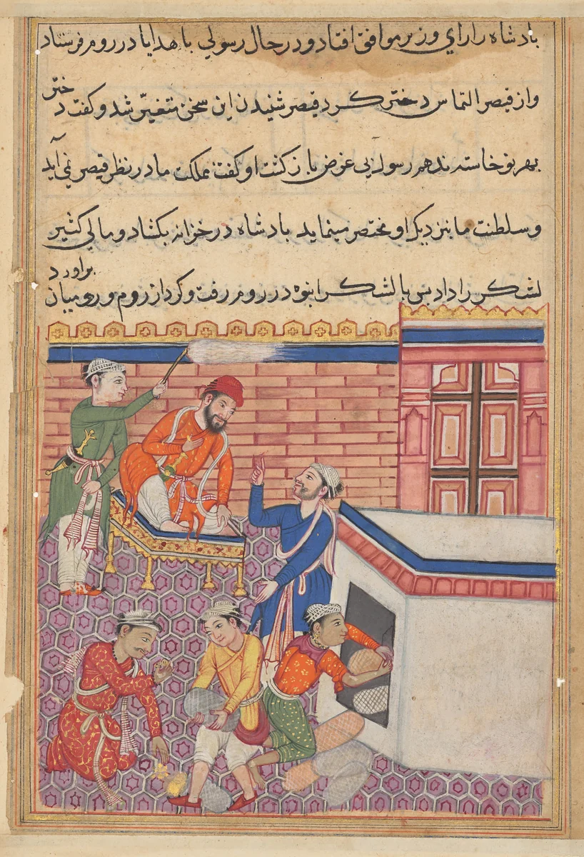 The king’s emissary being provided with gifts for his mission to Rum in order to seek the hand of the emperor’s daughter in marriage, from a Tuti-nama (Tales of a Parrot): Fiftieth Night by Unknown, painting, 1555-1565