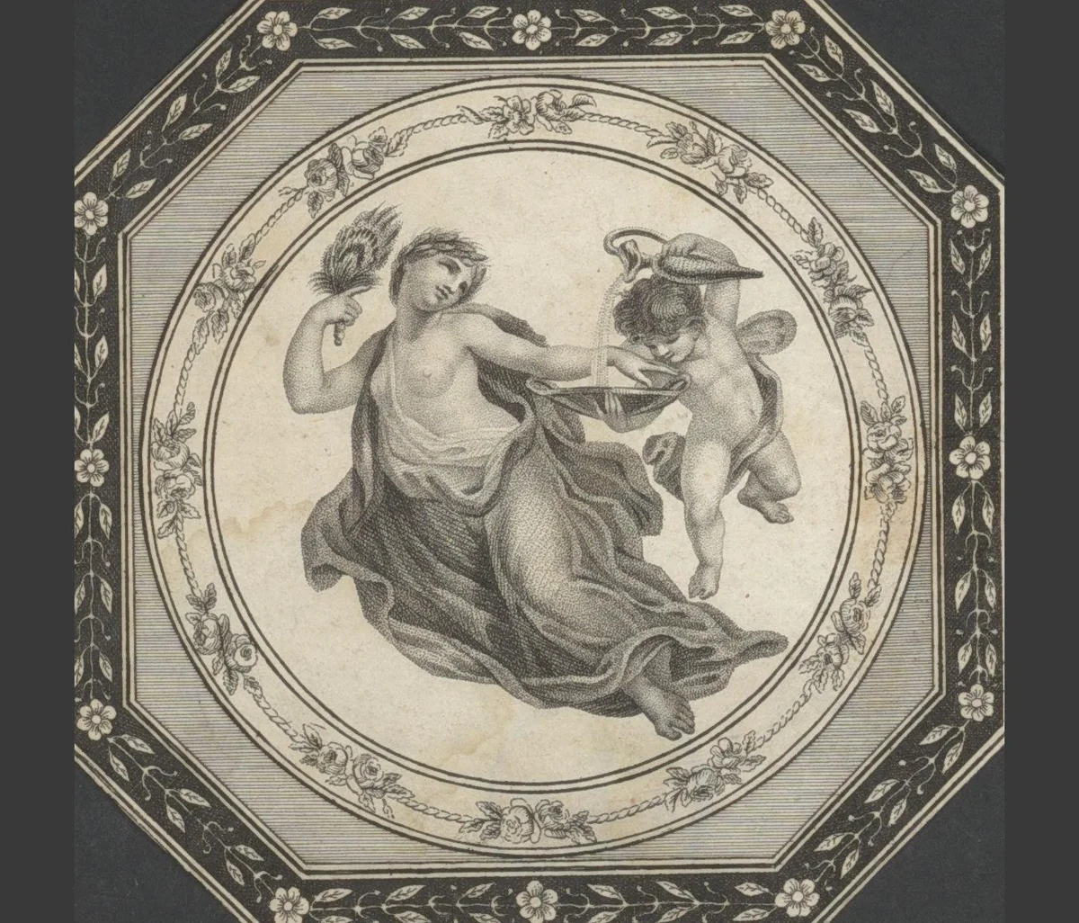 Zwevende vrouw met waaier en een putto met een karaf en schaal by anonymous, print, 1800-1849
