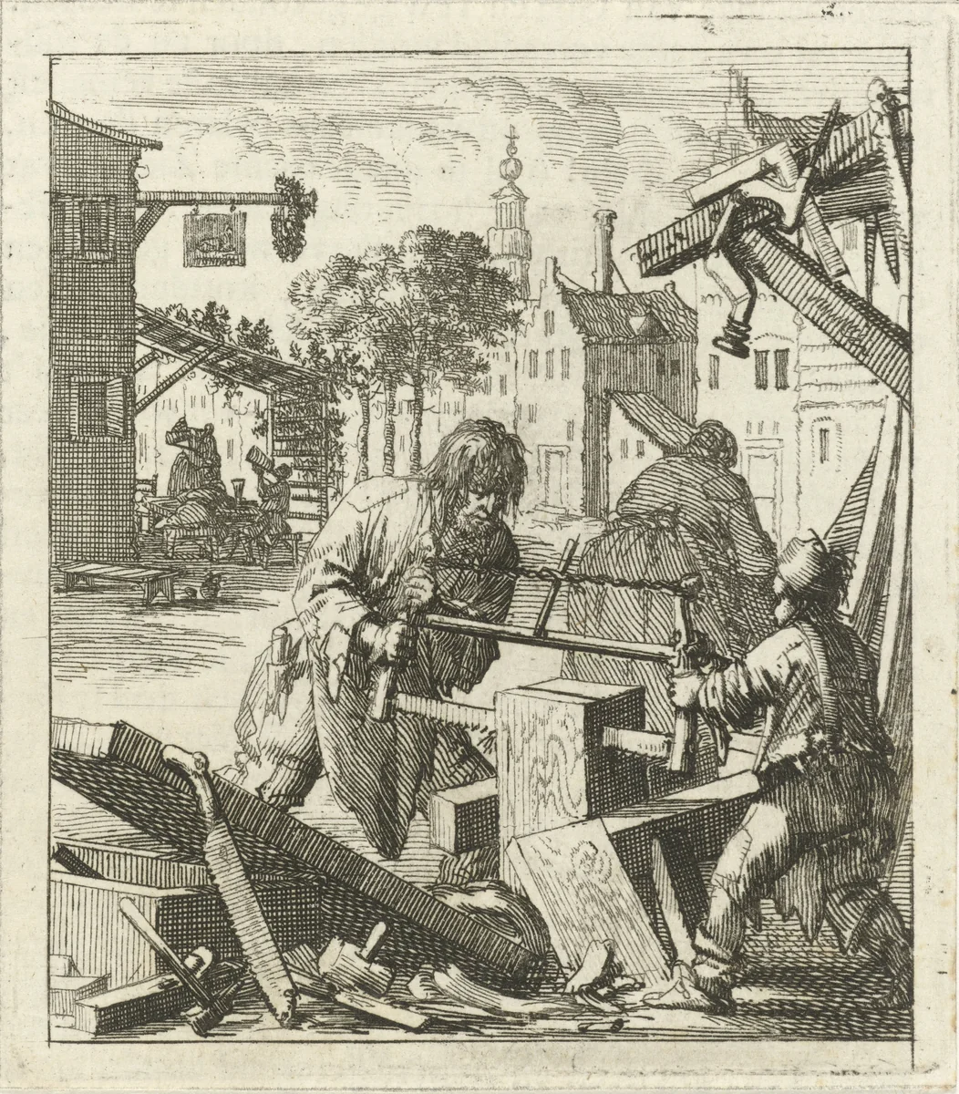 Man zaagt samen met een jongen hout in een timmermanswerkplaats by Jan Luyken, print, 1689
