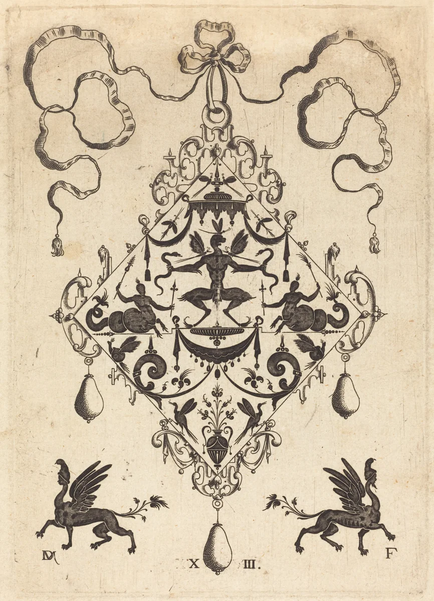 Large Pendant, Winged Fantasy Creature Holding Two Snakes by Daniel Mignot, print, 1596