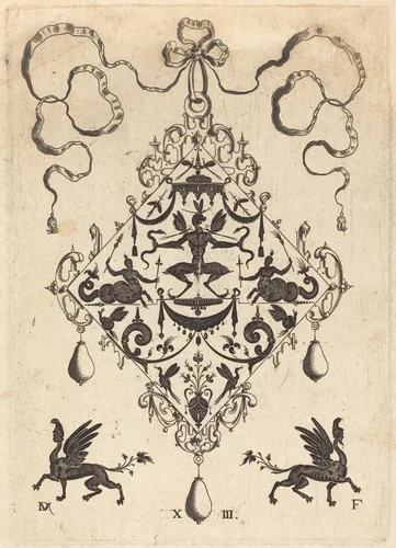 Large Pendant, Winged Fantasy Creature Holding Two Snakes by Daniel Mignot, print, 1596