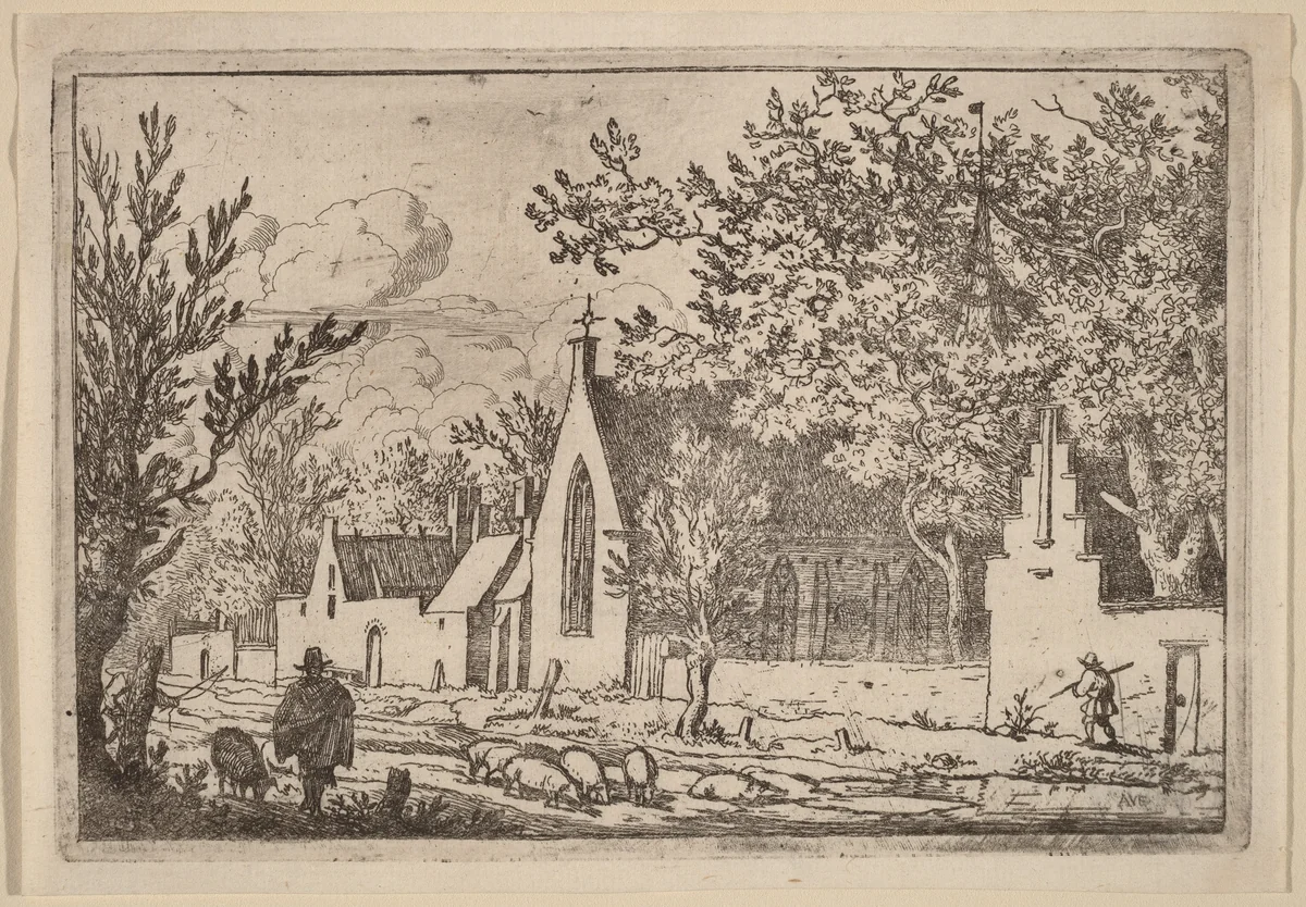 Swine Herd near a Chapel by Allart van Everdingen, print, 1645-1656
