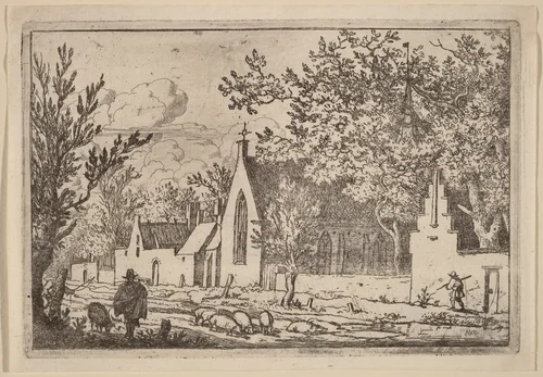 Swine Herd near a Chapel by Allart van Everdingen, print, 1645-1656
