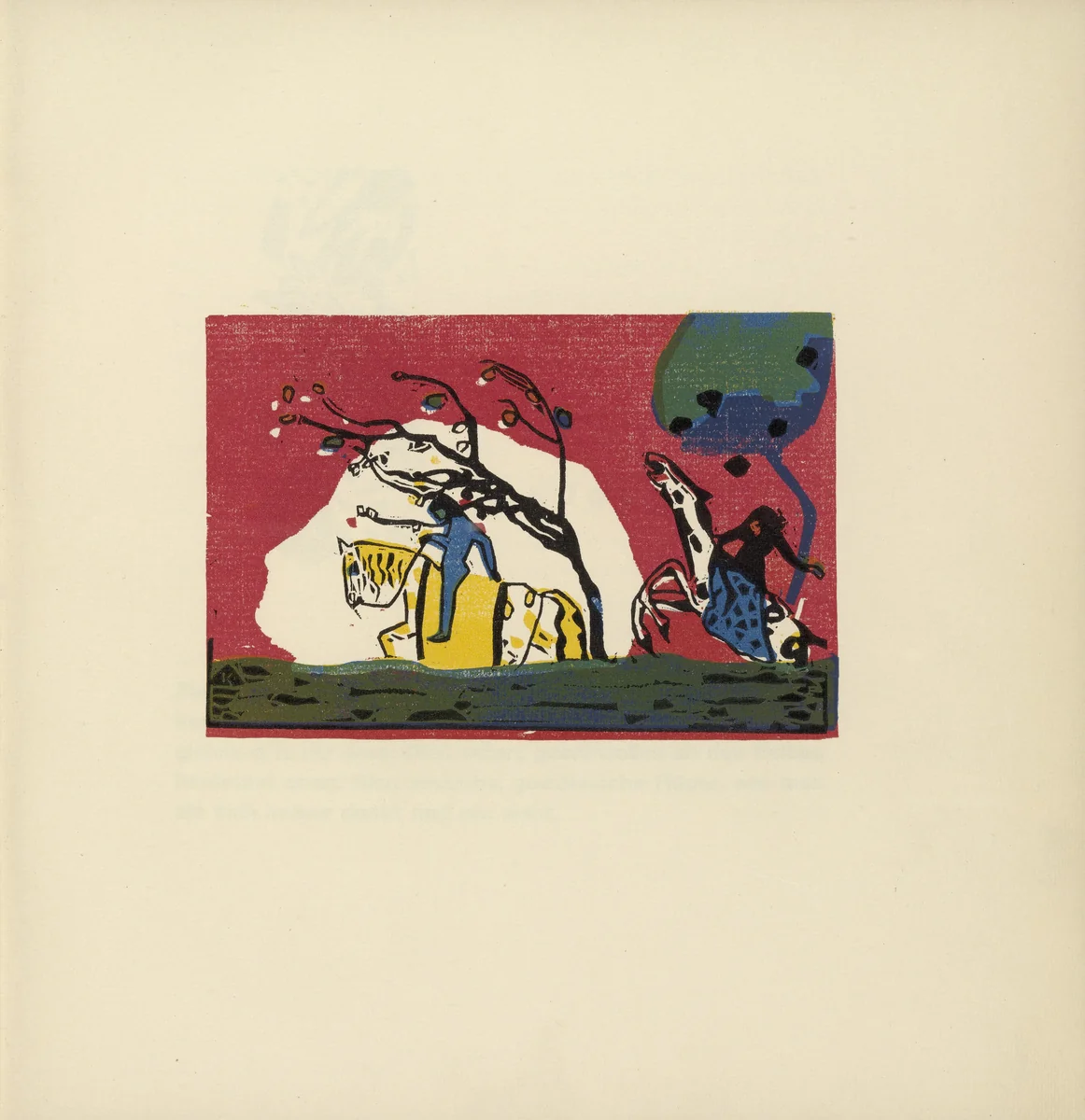 Two Riders Before Red (Zwei Reiter vor Rot) (plate, folio 4) from Klänge (Sounds) by Wassily Kandinsky, illustrated book, 1913
