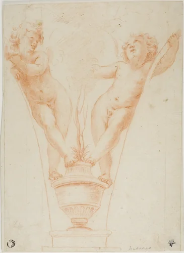 Two Putti with Potted Plant by Guido Reni, drawing, 1611-1799
