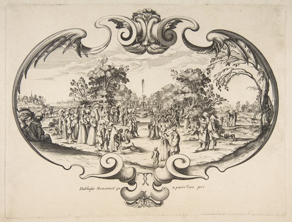 Fan with figures in a garden by Nicolas Cochin, print, 1610-1686