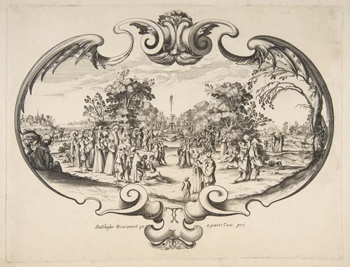 Fan with figures in a garden by Nicolas Cochin, print, 1610-1686