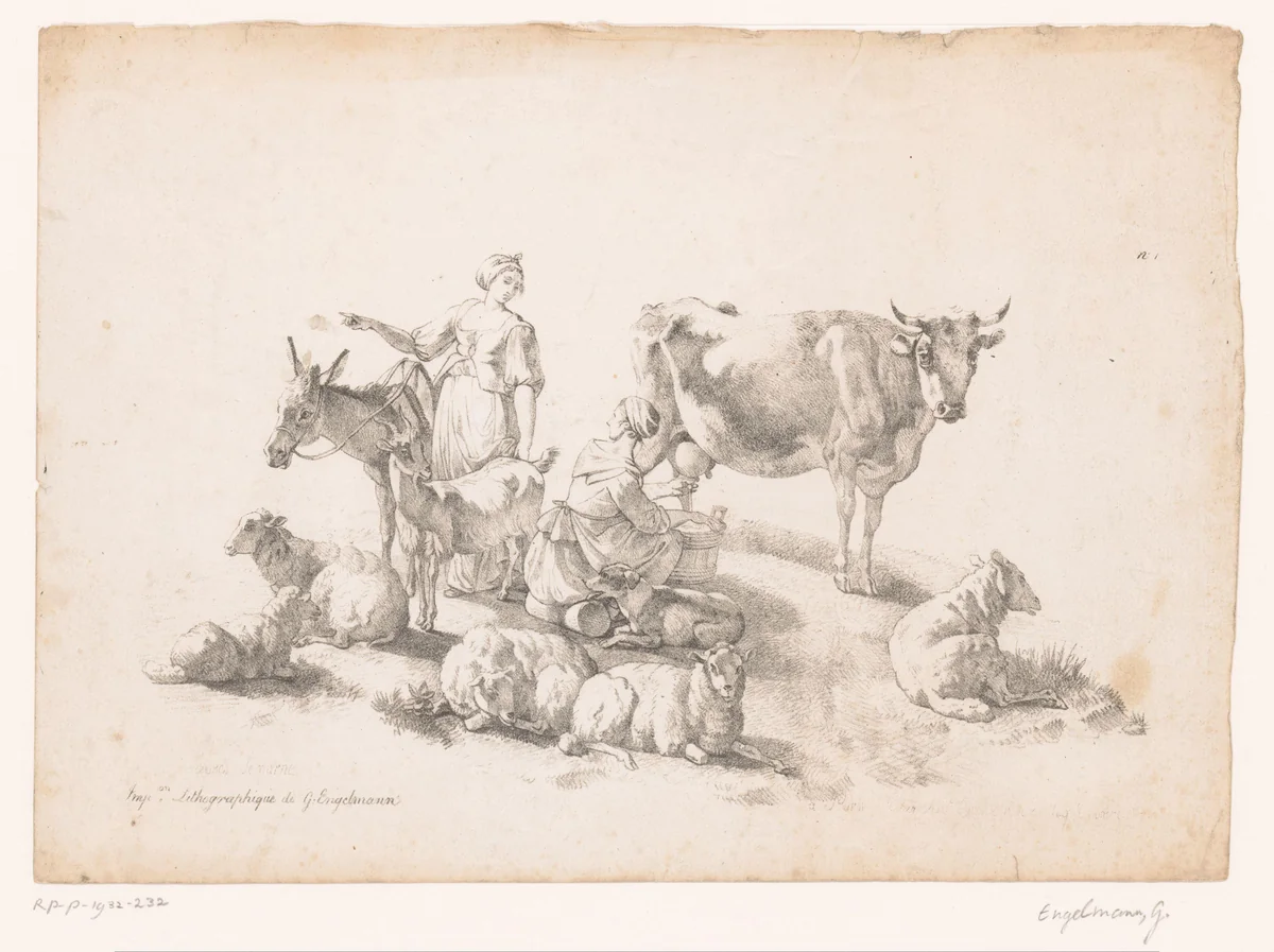 Twee boerinnen met verschillende dieren by anonymous, print, 1816-1839