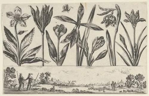 Horizontal Panel with a Row of Flowers Above a Frieze with Figures in a Landscape, from "Livre Nouveau de Fleurs Tres-Util" by Nicolas Cochin, print, 1645