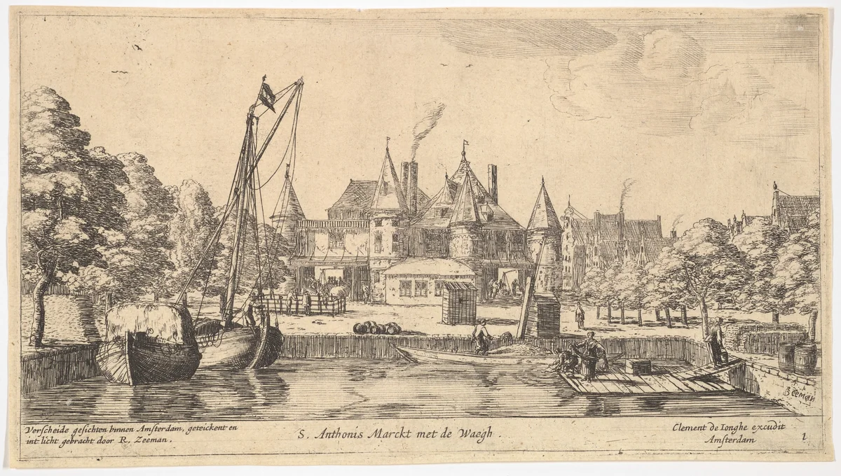 S. Anthonis Marckt met de Waegh by Reinier Nooms, print, 1635-1670