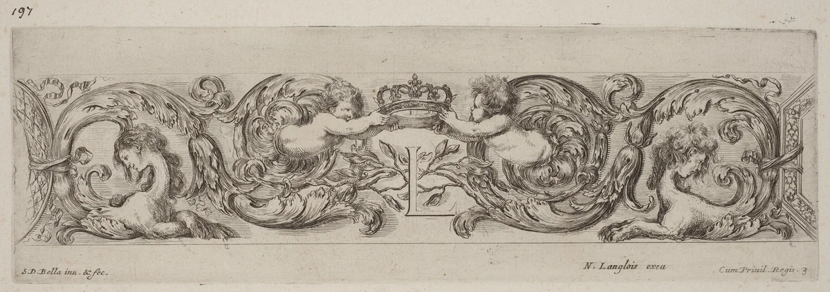 Ornamental Frieze with Letter L (Louis XIV) by Stefano della Bella, print, 1648