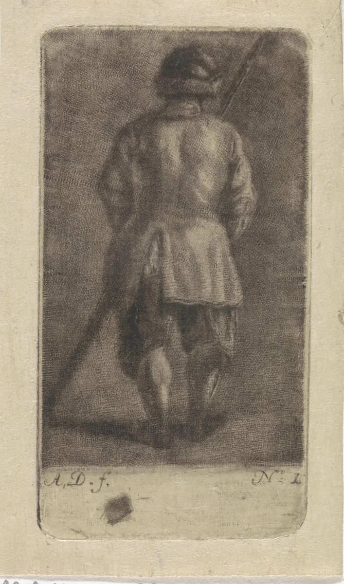 Man met stok, op de rug gezien by Abraham Delfos, print, 1741-1820