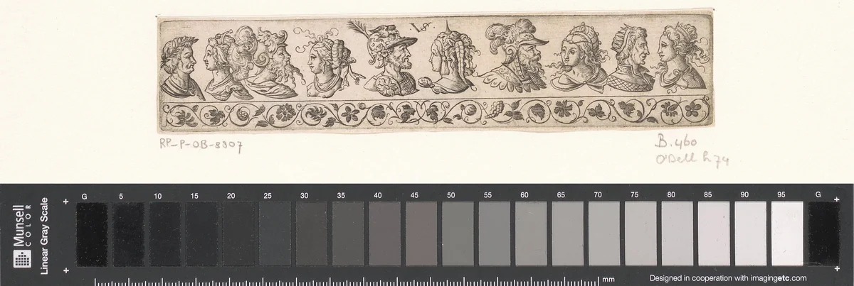 Fries met tien mannelijke en vrouwelijke bustes boven ornamentrand met gebladerte by Unknown, print, 1524-1562