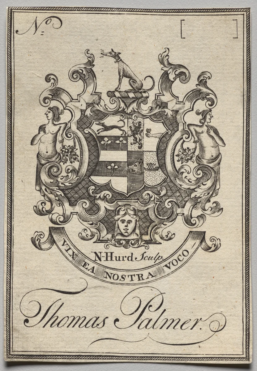 Bookplate: Coat of Arms with Thomas Palmer inscribed by Nathaniel Hurd, print