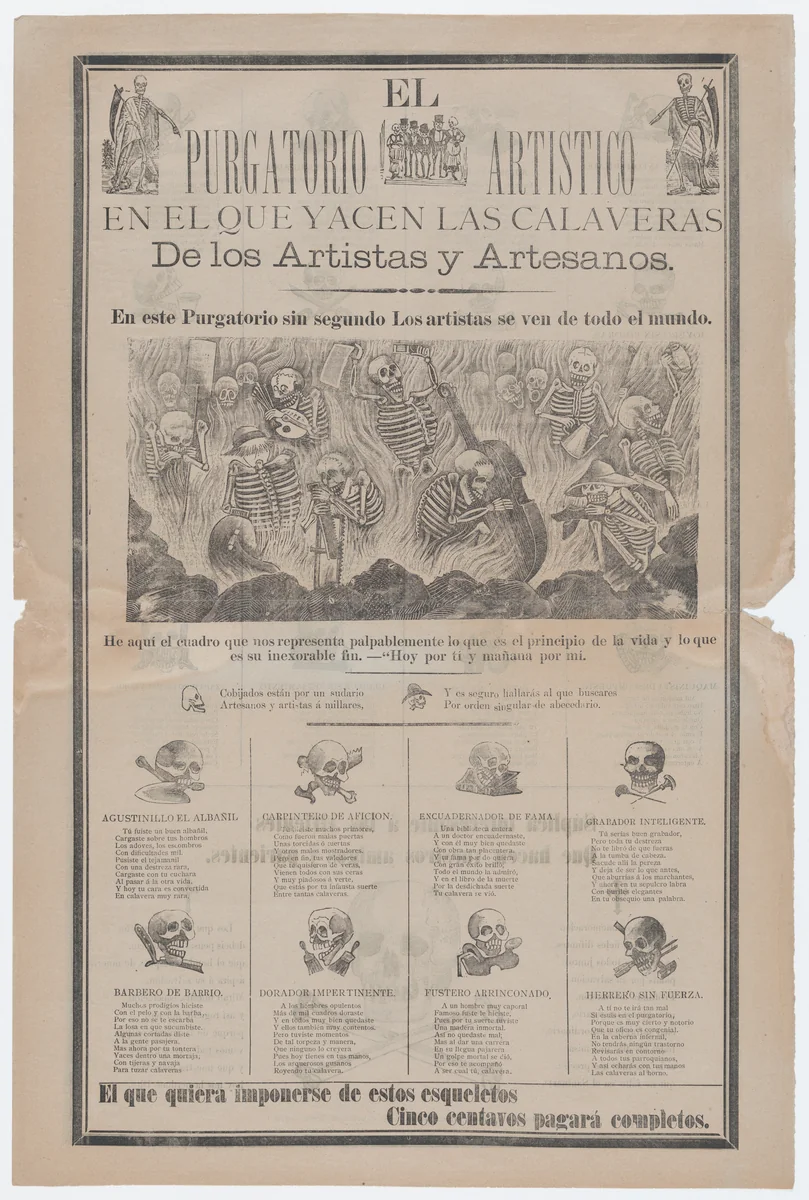 Broadsheet, on recto artist and artisans in hell with objects relating to their profession entitled 'The artistic purgatory, where the calaveras of artists and craftsmen lie', on verso skulls relating to different professions by José Guadalupe Posada, print, 1890-1900