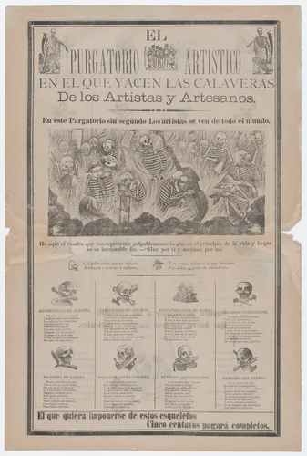 Broadsheet, on recto artist and artisans in hell with objects relating to their profession entitled 'The artistic purgatory, where the calaveras of artists and craftsmen lie', on verso skulls relating to different professions by José Guadalupe Posada, print, 1890-1900