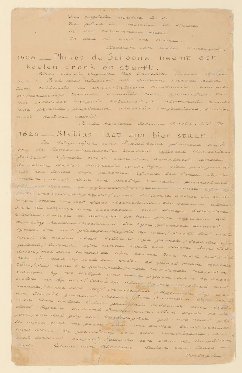 Blad met handgeschreven beschrijvingen van scènes uit 'Keur van gedenkwaardige tafereelen uit de vaderlandsche historiën' by Johan Huizinga, other, 1893-1895