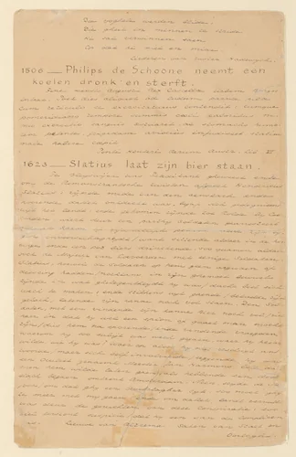 Blad met handgeschreven beschrijvingen van scènes uit 'Keur van gedenkwaardige tafereelen uit de vaderlandsche historiën' by Johan Huizinga, other, 1893-1895