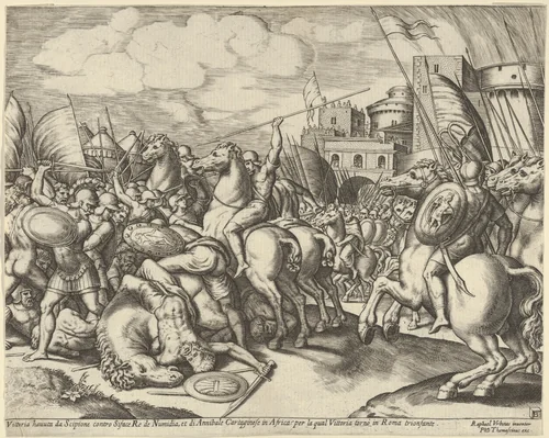 The victory of Scipio over Syphax by Master of the Die, print, 1530-1560