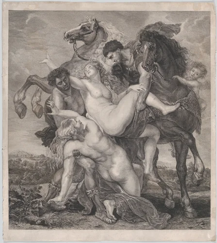 Phoebe and Hilaeria, the daughters of Leucippus, being abducted by Castor and Pollux by Johann Friedrich Leybold, print, 1798-1838
