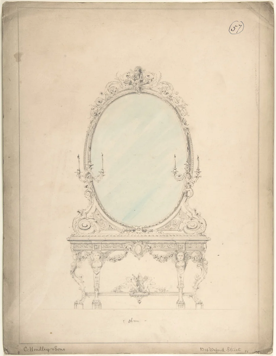 Design for an Oval Mirror over a Side Table by Charles Hindley and Sons, drawing, 1841-1884
