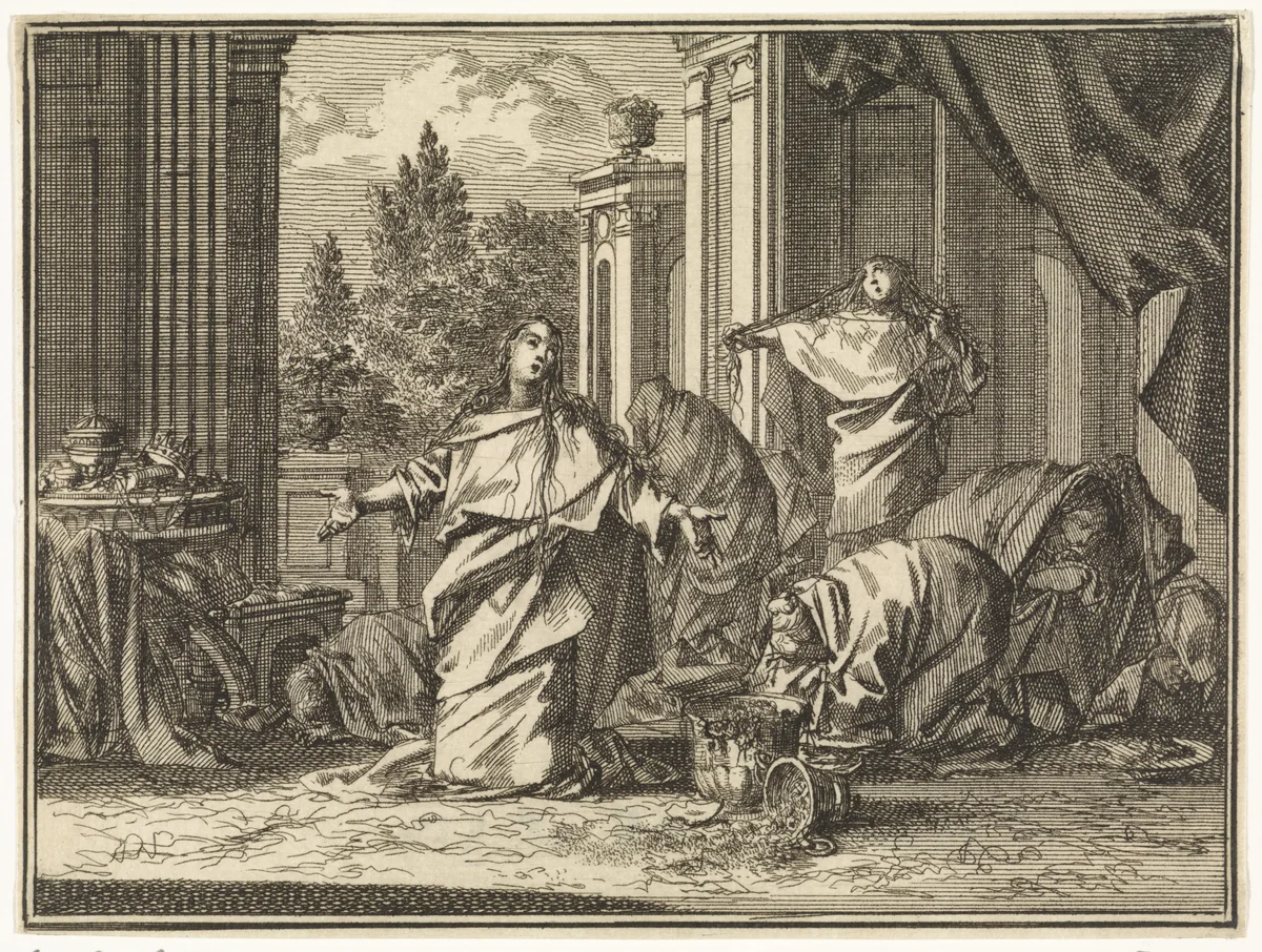 Esther en haar vrouwen weeklagen over het bevel de Joden te doden by Jan Luyken, print, 1712