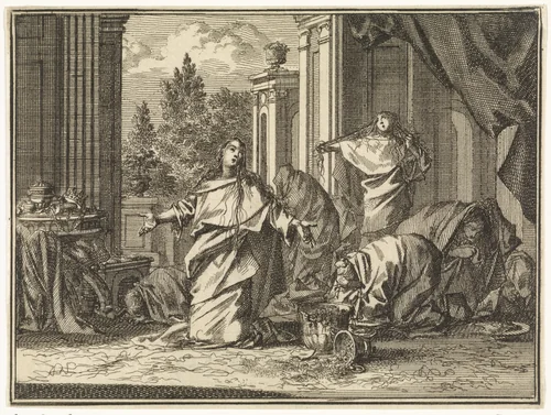 Esther en haar vrouwen weeklagen over het bevel de Joden te doden by Jan Luyken, print, 1712