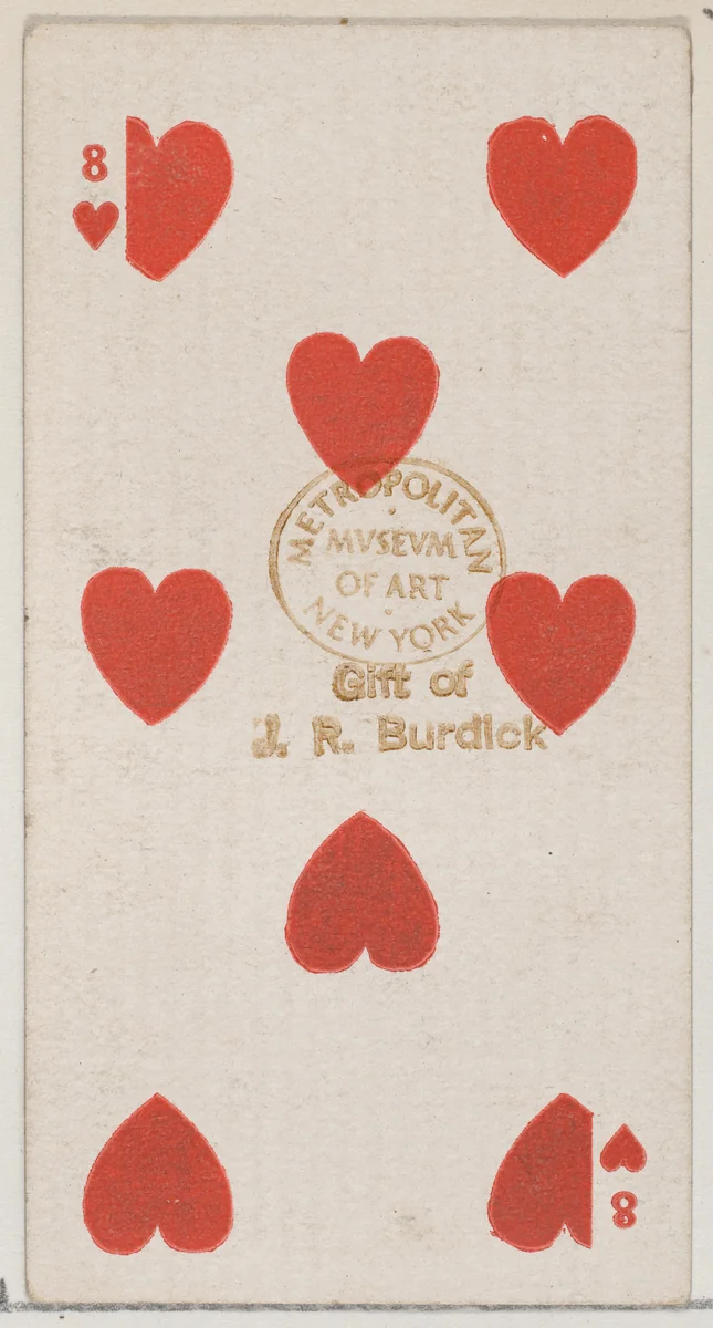 Eight Hearts (red), from the Playing Cards series (N84) for Duke brand cigarettes by W. Duke, Sons & Co., print, 1888