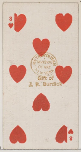 Eight Hearts (red), from the Playing Cards series (N84) for Duke brand cigarettes by W. Duke, Sons & Co., print, 1888