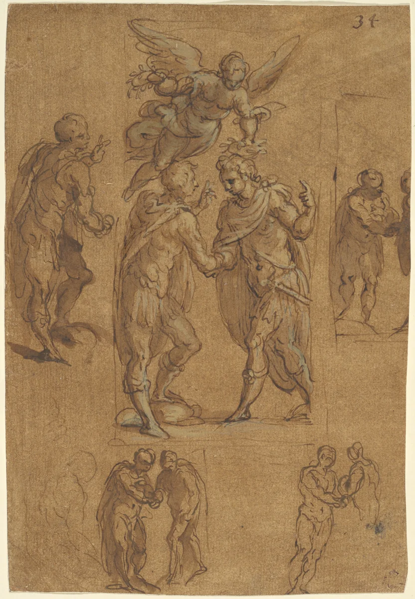 Two Soldiers Crowned by Victory by Jacopo Palma il Giovane, drawing, 1575-1585