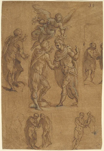 Two Soldiers Crowned by Victory by Jacopo Palma il Giovane, drawing, 1575-1585