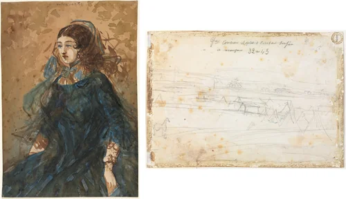 Woman in a Blue Dress (recto); War Encampment Scene (verso) by Constantin Guys, drawing, 1855-1860