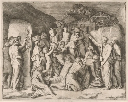 Moses Striking Water from the Rock by Giulio Bonasone; Polidoro da Caravaggio; Parmigianino, print, 1546