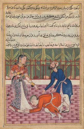 The guard restores the son who falls at his mother’s feet, from a Tuti-nama (Tales of a Parrot): Fiftieth Night by Unknown, painting, 1555-1565